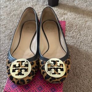 Tory Burch Black and Brown Flats with Gold Logo